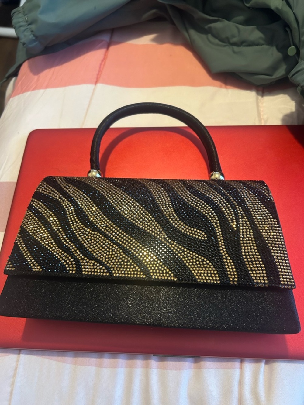Source Unknown Black and Gold Zebra Crystal Top-Handle Clutch